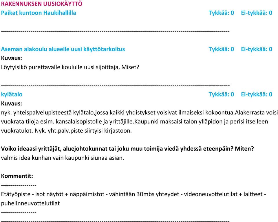 alakerrasta voisi vuokrata tiloja esim. kansalaisopistolle ja yrittäjille.kaupunki maksaisi talon ylläpidon ja perisi itselleen vuokratulot. Nyk. yht.palv.