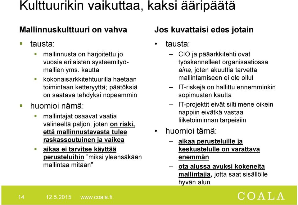 mallinnustavasta tulee raskassoutuinen ja vaikea aikaa ei tarvitse käyttää perusteluihin miksi yleensäkään mallintaa mitään tausta: CIO ja pääarkkitehti ovat työskennelleet organisaatiossa aina,