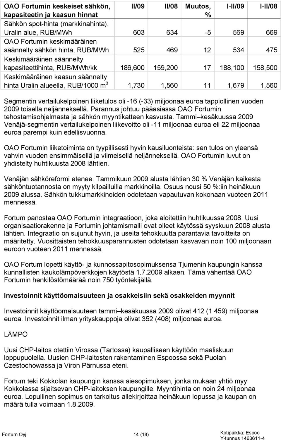 Uralin alueella, RUB/1000 m 3 1,730 1,560 11 1,679 1,560 Segmentin vertailukelpoinen liiketulos oli -16 (-33) miljoonaa euroa tappiollinen vuoden 2009 toisella neljänneksellä.