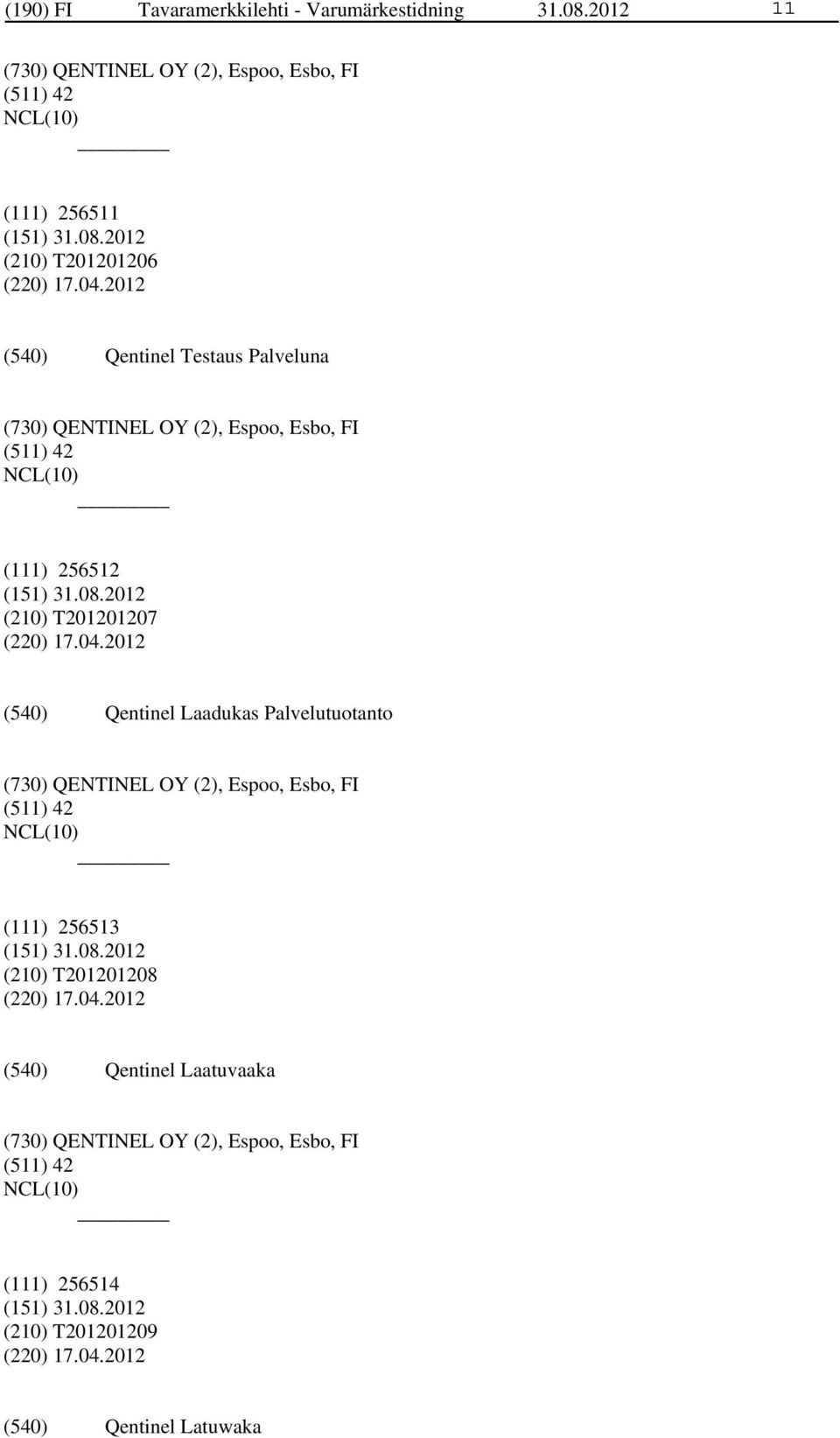 2012 Qentinel Testaus Palveluna (730) QENTINEL OY (2), Espoo, Esbo, FI (511) 42 (111) 256512 (210) T201201207 (220) 17.04.