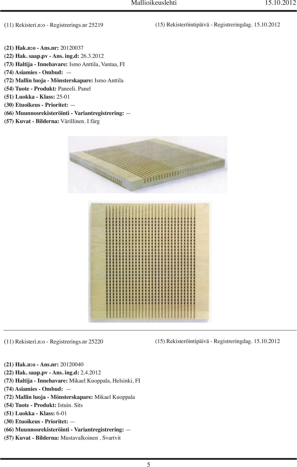 Panel (51) Luokka - Klass: 25-01 (57) Kuvat - Bilderna: Värillinen. I färg (11) Rekisteri.n:o - Registrerings.nr 25220 (15) Rekisteröintipäivä - Registreringdag. 15.10.2012 (21) Hak.n:o - Ans.
