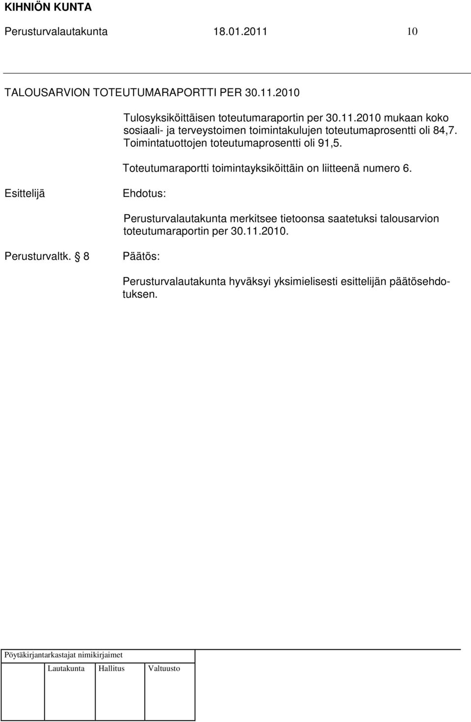 Toimintatuottojen toteutumaprosentti oli 91,5. Toteutumaraportti toimintayksiköittäin on liitteenä numero 6.