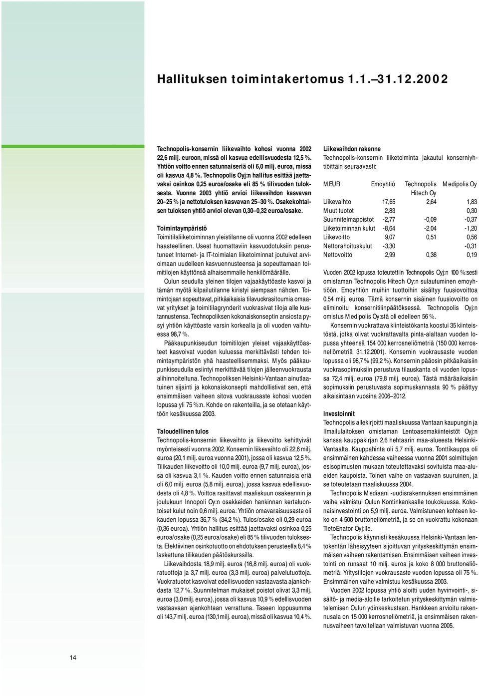 Vuonna 2003 yhtiö arvioi liikevaihdon kasvavan 20 25 % ja nettotuloksen kasvavan 25 30 %. Osakekohtaisen tuloksen yhtiö arvioi olevan 0,30 0,32 euroa/osake.