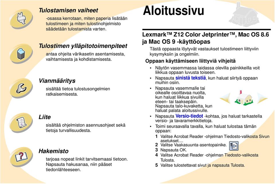 Napsauta hakusanaa, niin pääset tiedonlähteeseen. Aloitussivu Lexmark Z12 Color Jetprinter, Mac OS 8.