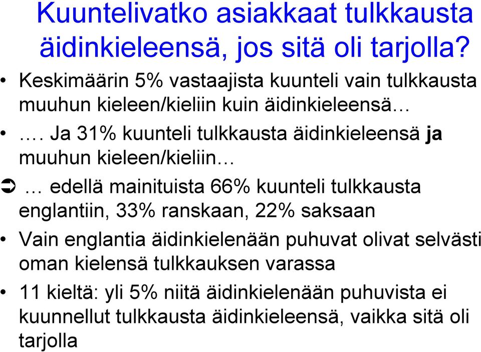 Ja 31% kuunteli tulkkausta äidinkieleensä ja muuhun kieleen/kieliin edellä mainituista 66% kuunteli tulkkausta englantiin, 33%