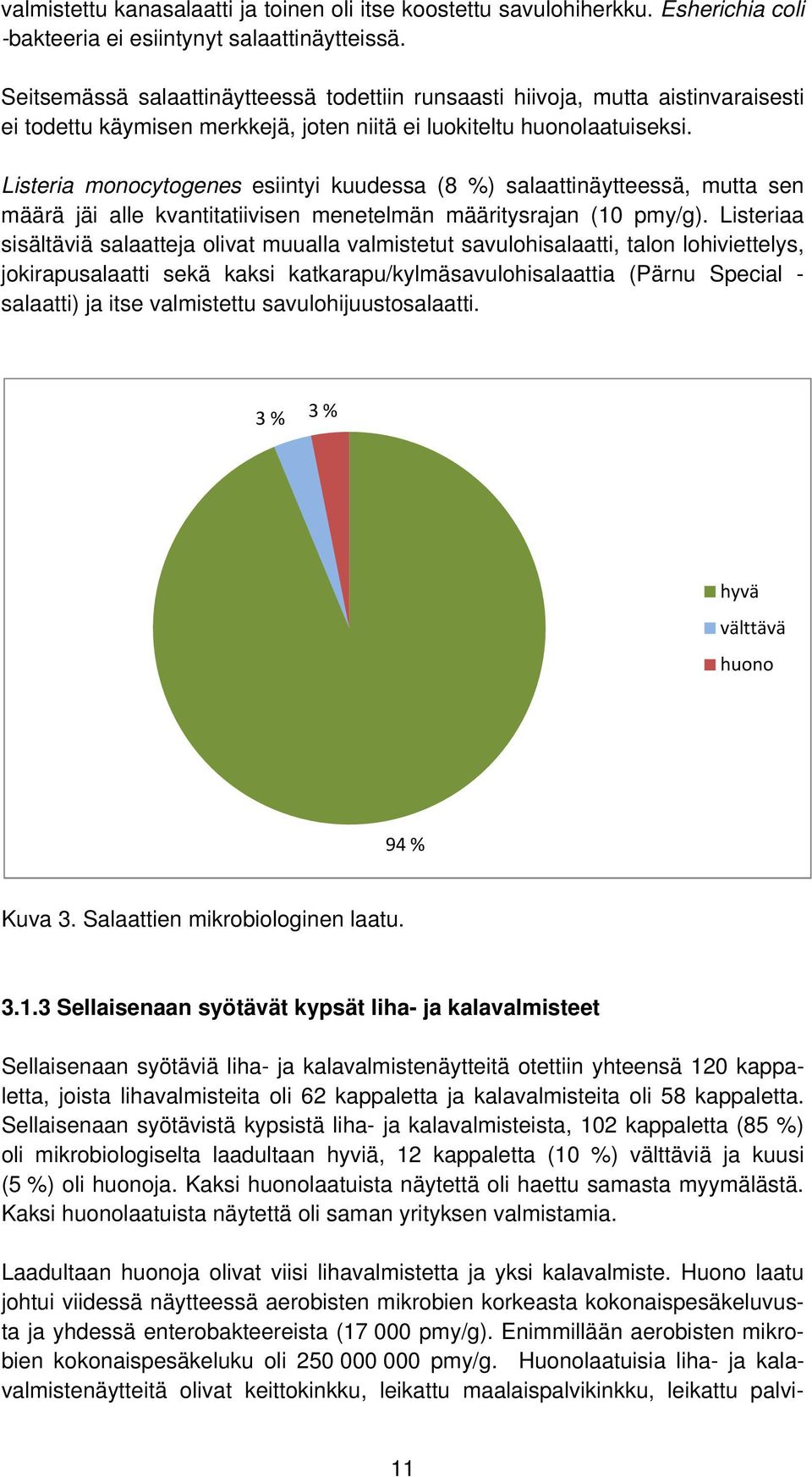 Listeria monocytogenes esiintyi kuudessa (8 %) salaattinäytteessä, mutta sen määrä jäi alle kvantitatiivisen menetelmän määritysrajan (10 pmy/g).