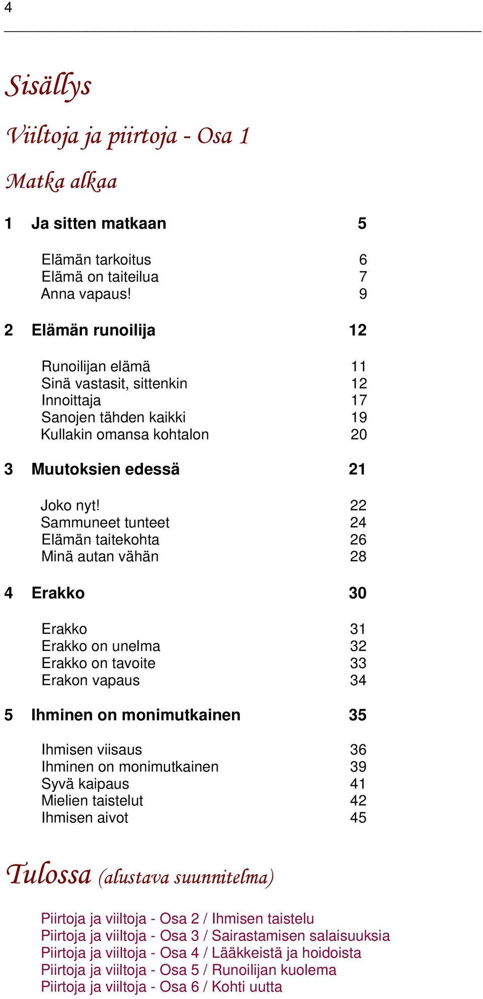 22 Sammuneet tunteet 24 Elämän taitekohta 26 Minä autan vähän 28 4 Erakko 30 Erakko 31 Erakko on unelma 32 Erakko on tavoite 33 Erakon vapaus 34 5 Ihminen on monimutkainen 35 Ihmisen viisaus 36