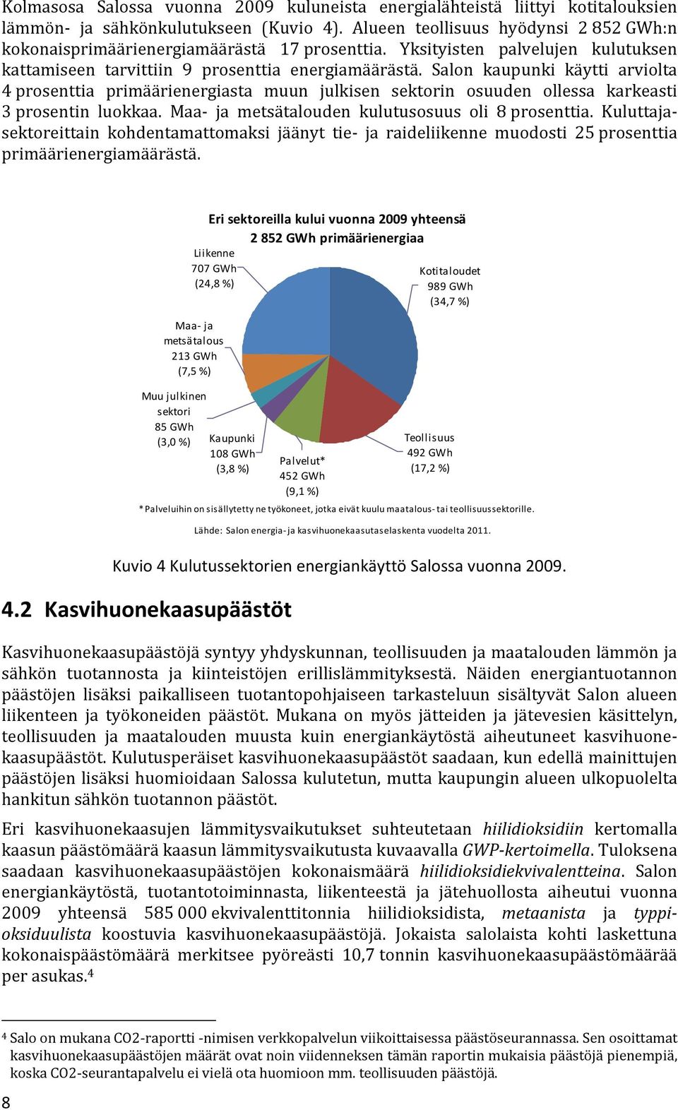 Salon kaupunki käytti arviolta 4 prosenttia primäärienergiasta muun julkisen sektorin osuuden ollessa karkeasti 3 prosentin luokkaa. Maa ja metsätalouden kulutusosuus oli 8 prosenttia.