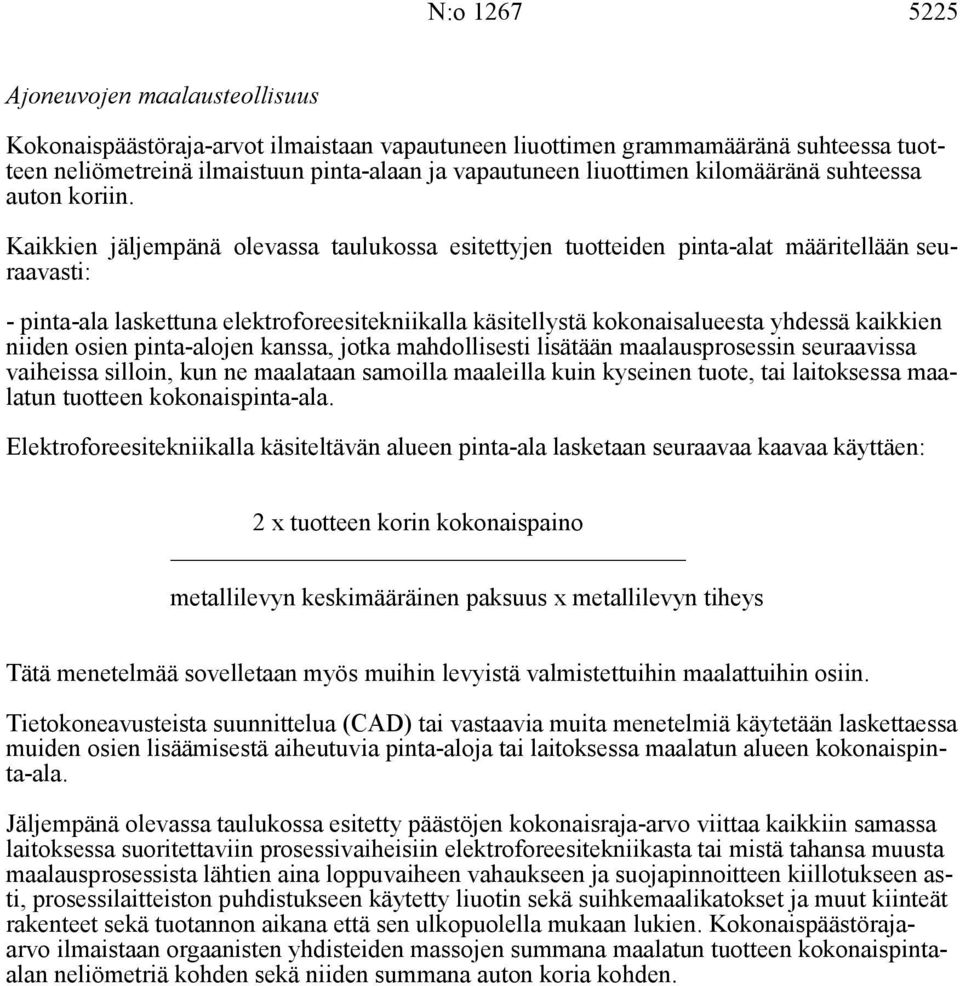 Kaikkien jäljempänä olevassa taulukossa esitettyjen tuotteiden pinta-alat määritellään seuraavasti: - pinta-ala laskettuna elektroforeesitekniikalla käsitellystä kokonaisalueesta yhdessä kaikkien