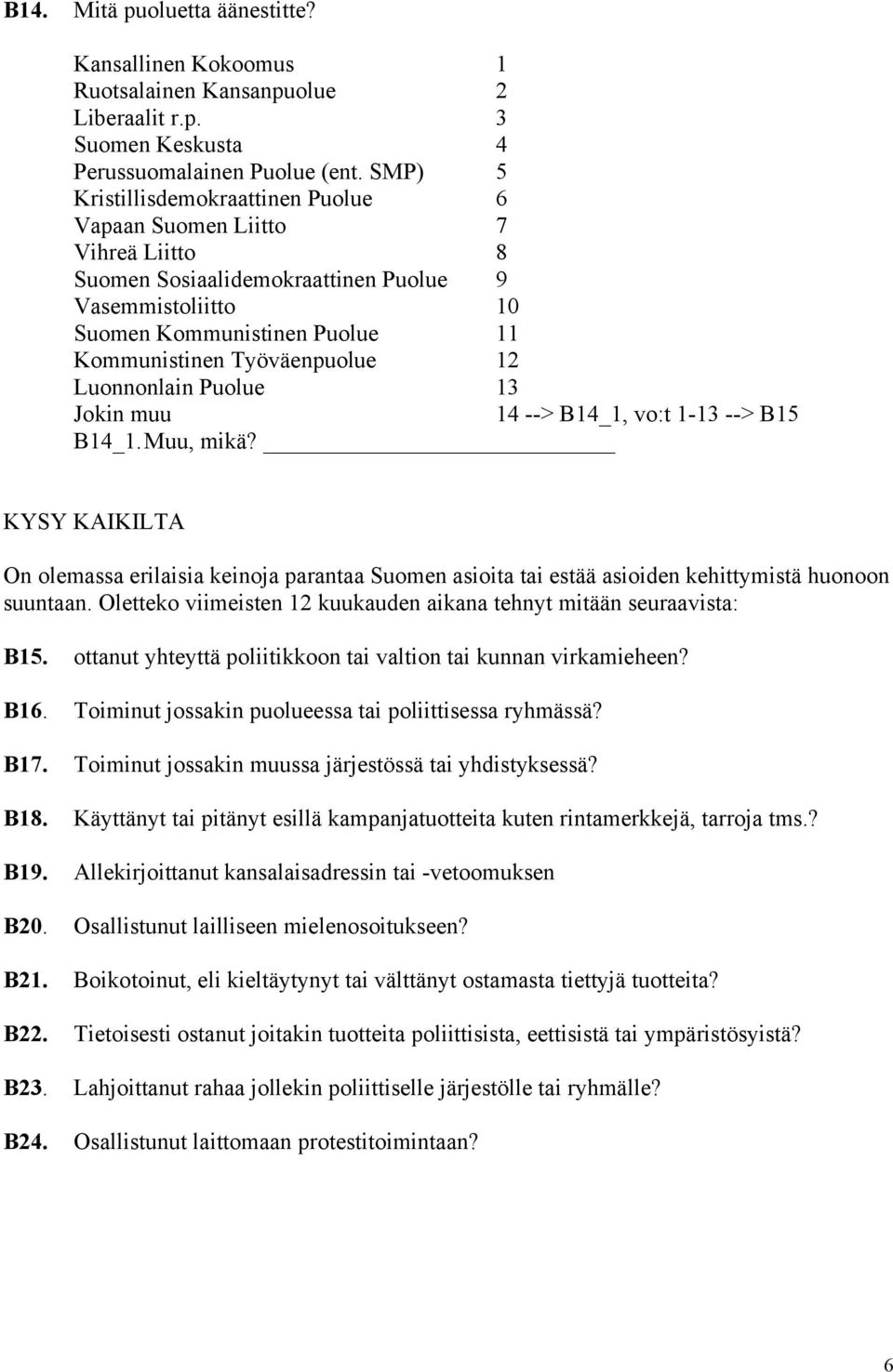 12 Luonnonlain Puolue 13 Jokin muu 14 --> B14_1, vo:t 1-13 --> B15 B14_1. Muu, mikä?