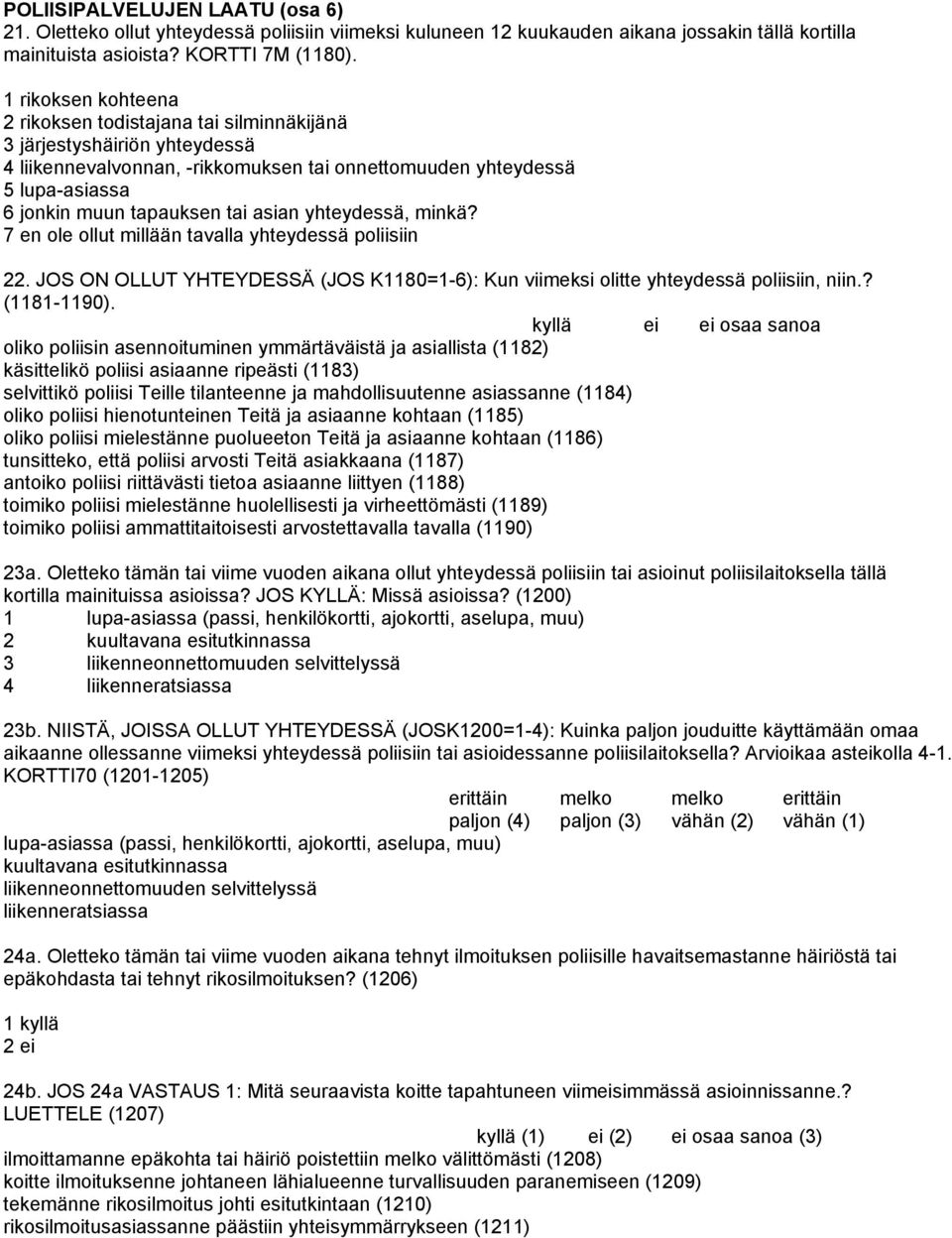 asian yhteydessä, minkä? 7 en ole ollut millään tavalla yhteydessä poliisiin 22. JOS ON OLLUT YHTEYDESSÄ (JOS K1180=1-6): Kun viimeksi olitte yhteydessä poliisiin, niin.? (1181-1190).