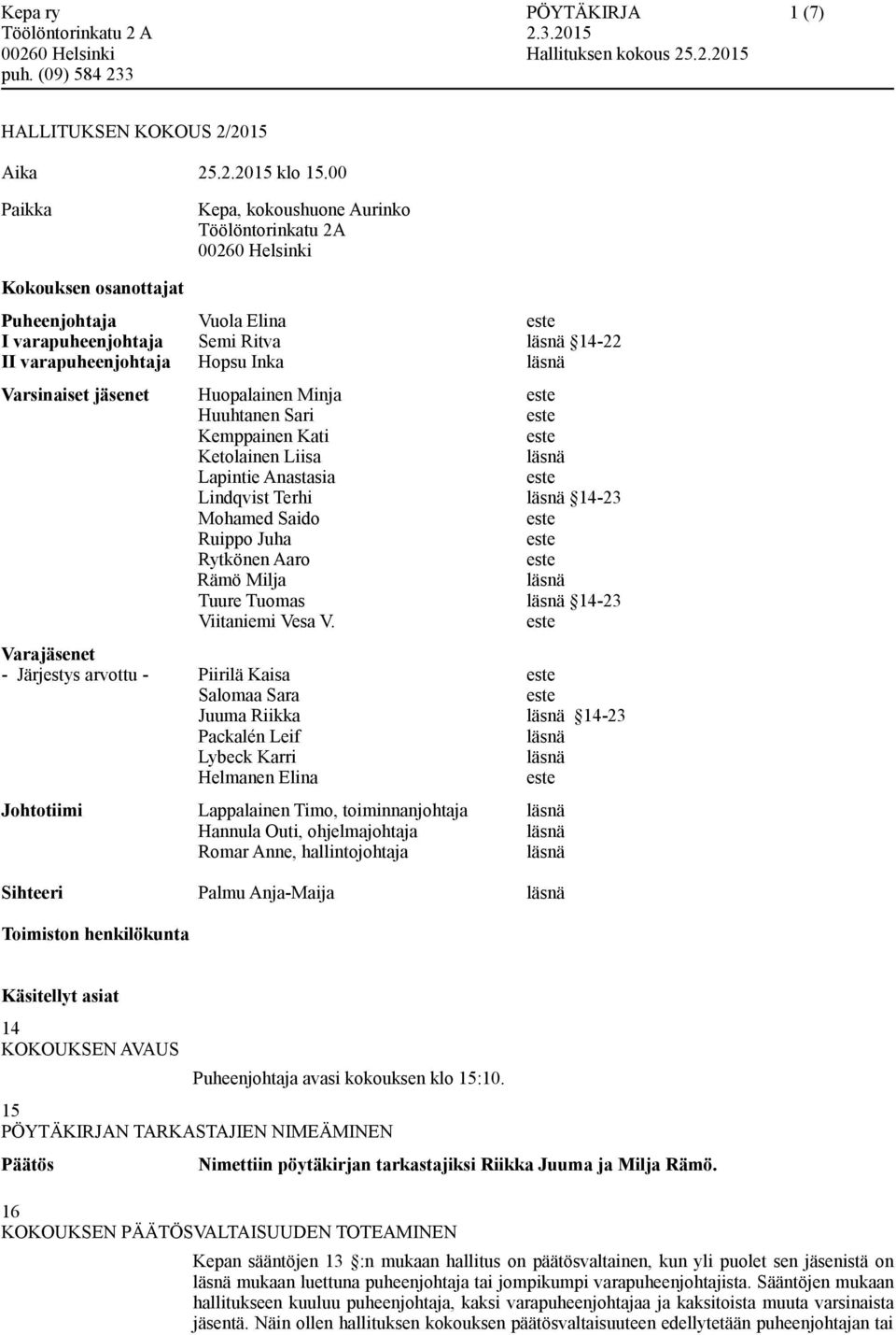 jäsenet Huopalainen Minja Huuhtanen Sari Kemppainen Kati Ketolainen Liisa Lapintie Anastasia Lindqvist Terhi 14-23 Mohamed Saido Ruippo Juha Rytkönen Aaro Rämö Milja Tuure Tuomas 14-23 Viitaniemi