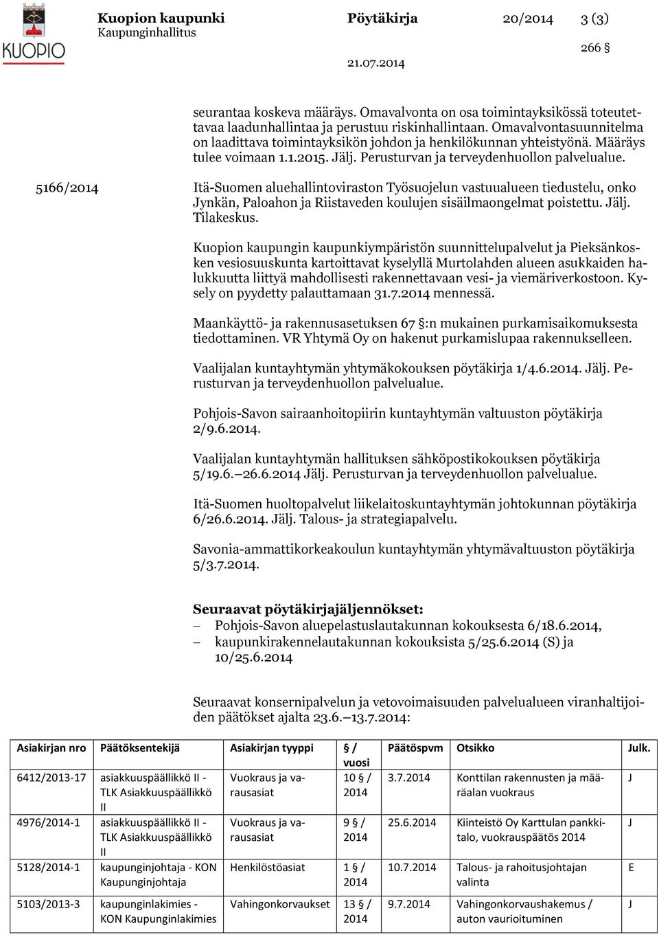 Perusturvan ja 5166/ Itä-Suomen aluehallintoviraston Työsuojelun vastuualueen tiedustelu, onko ynkän, Paloahon ja Riistaveden koulujen sisäilmaongelmat poistettu. älj. Tilakeskus.