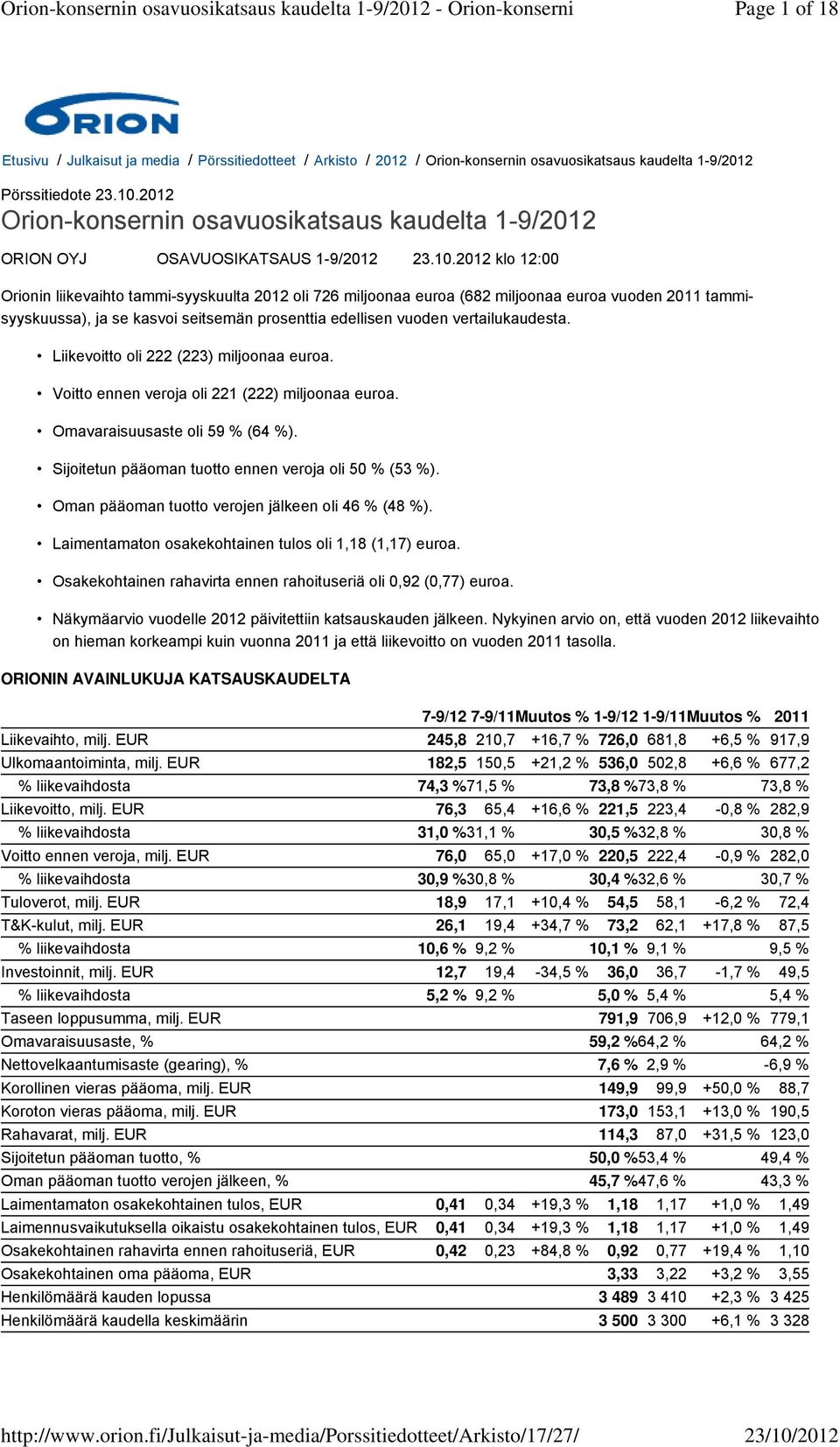 2012 klo 12:00 Orionin liikevaihto tammi-syyskuulta 2012 oli 726 miljoonaa euroa (682 miljoonaa euroa vuoden 2011 tammisyyskuussa), ja se kasvoi seitsemän prosenttia edellisen vuoden vertailukaudesta.