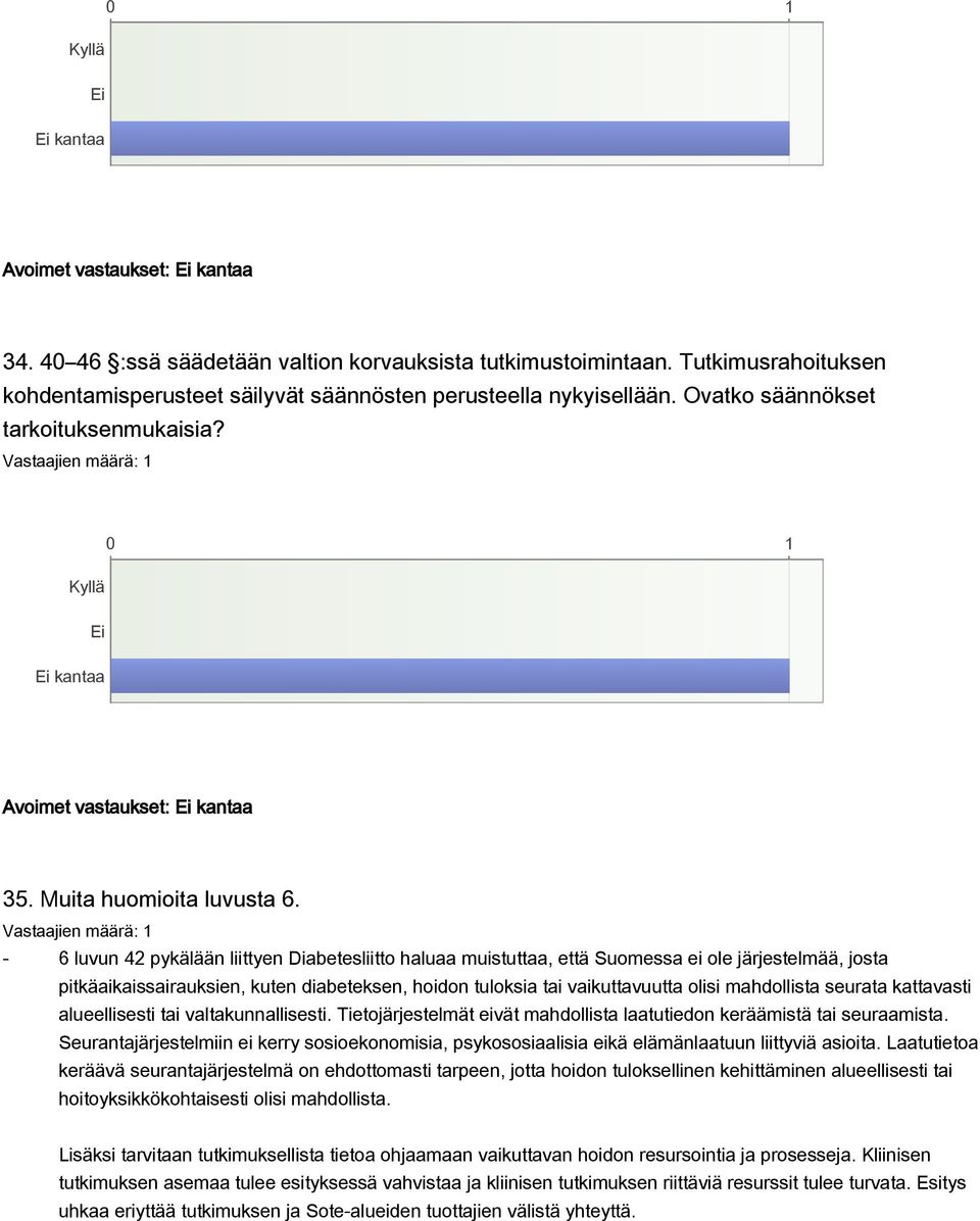 - 6 luvun 42 pykälään liittyen Diabetesliitto haluaa muistuttaa, että Suomessa ei ole järjestelmää, josta pitkäaikaissairauksien, kuten diabeteksen, hoidon tuloksia tai vaikuttavuutta olisi