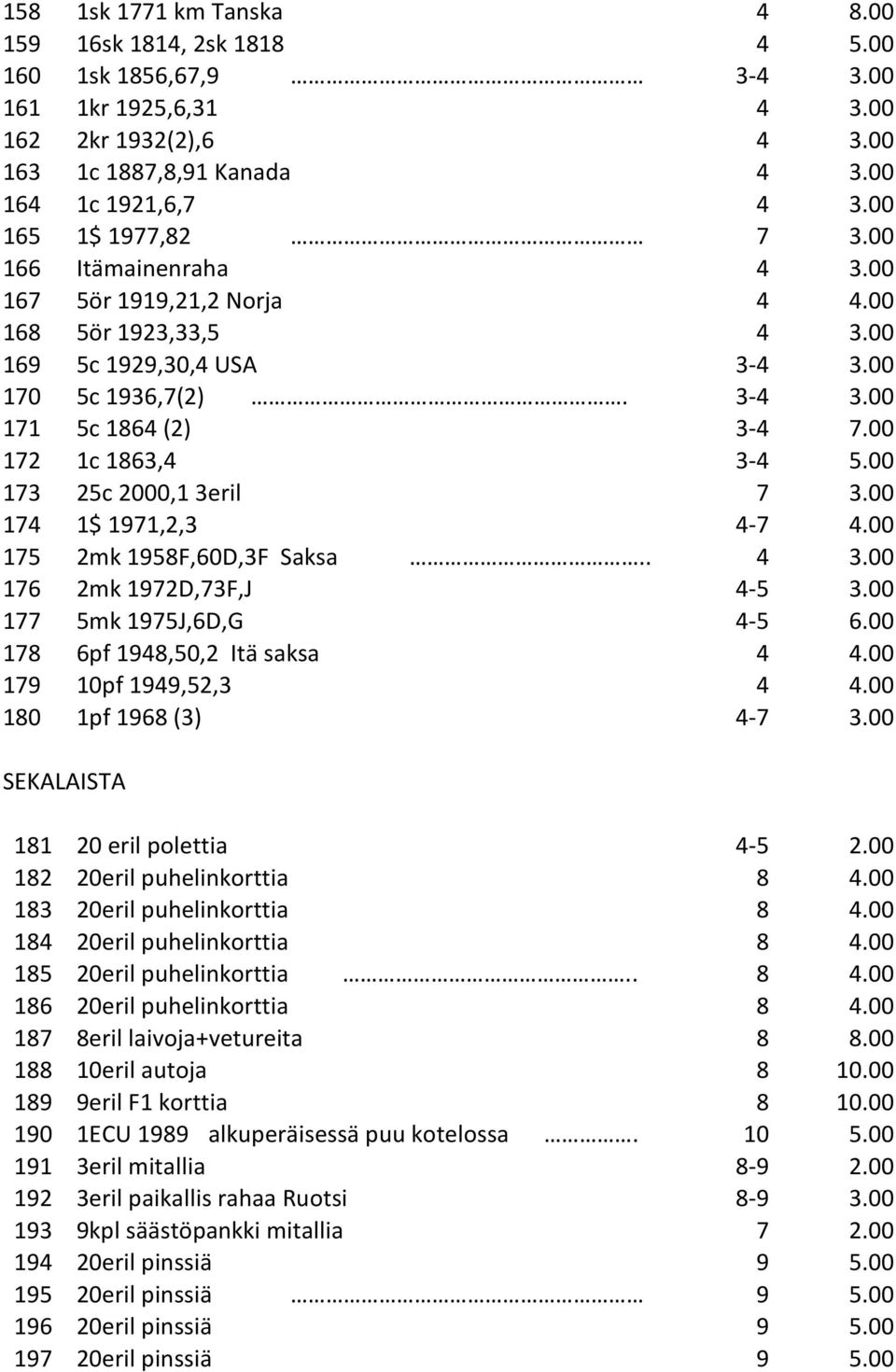00 172 1c 1863,4 3-4 5.00 173 25c 2000,1 3eril 7 3.00 174 1$ 1971,2,3 4-7 4.00 175 2mk 1958F,60D,3F Saksa.. 4 3.00 176 2mk 1972D,73F,J 4-5 3.00 177 5mk 1975J,6D,G 4-5 6.