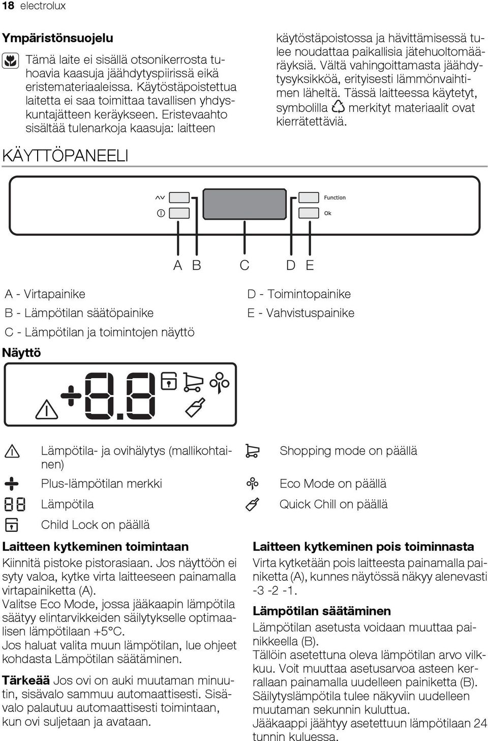 Eristevaahto sisältää tulenarkoja kaasuja: laitteen KÄYTTÖPANEELI käytöstäpoistossa ja hävittämisessä tulee noudattaa paikallisia jätehuoltomääräyksiä.