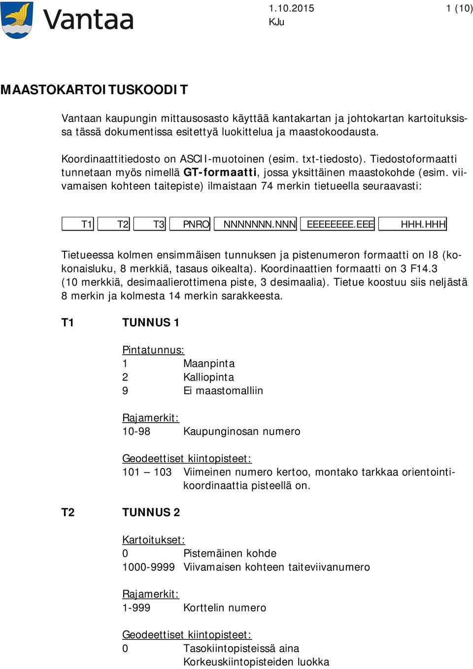 viivamaisen kohteen taitepiste) ilmaistaan 74 merkin tietueella seuraavasti: T1 T2 T3 PNRO NNNNNNN.NNN EEEEEEEE.EEE HHH.