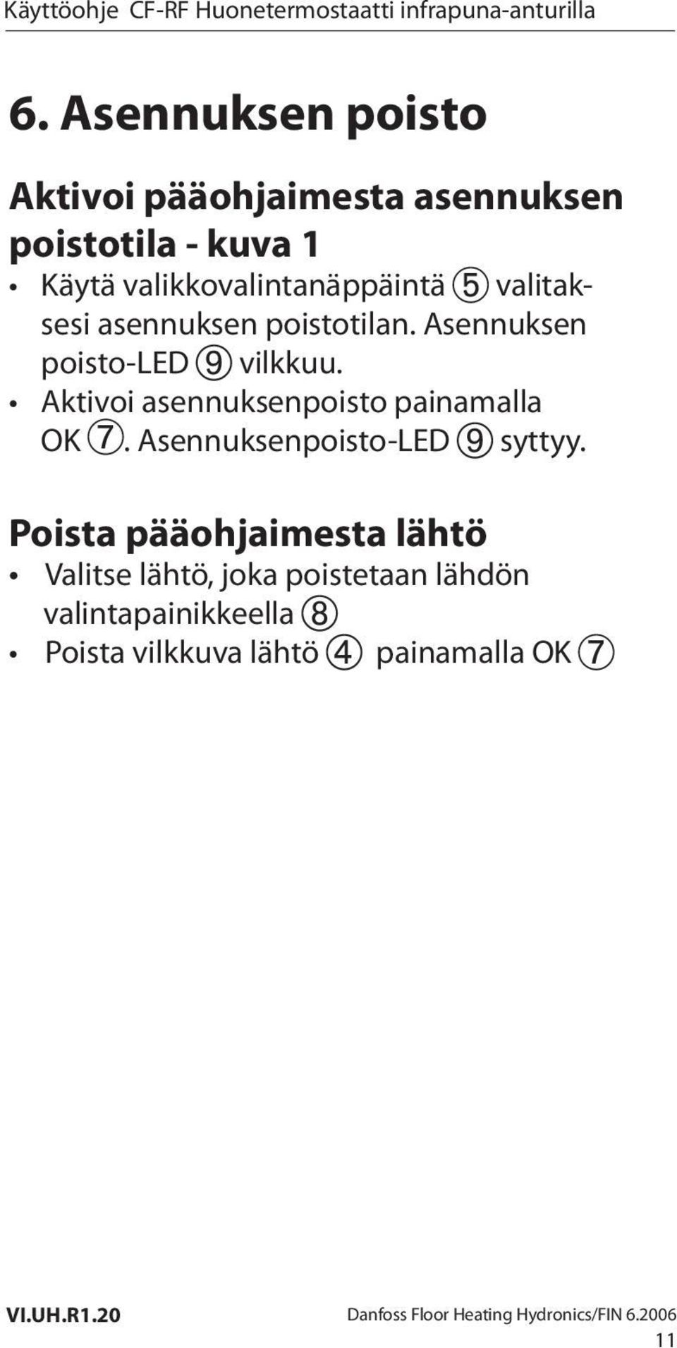 Aktivoi asennuksenpoisto painamalla OK. Asennuksenpoisto-LED syttyy.