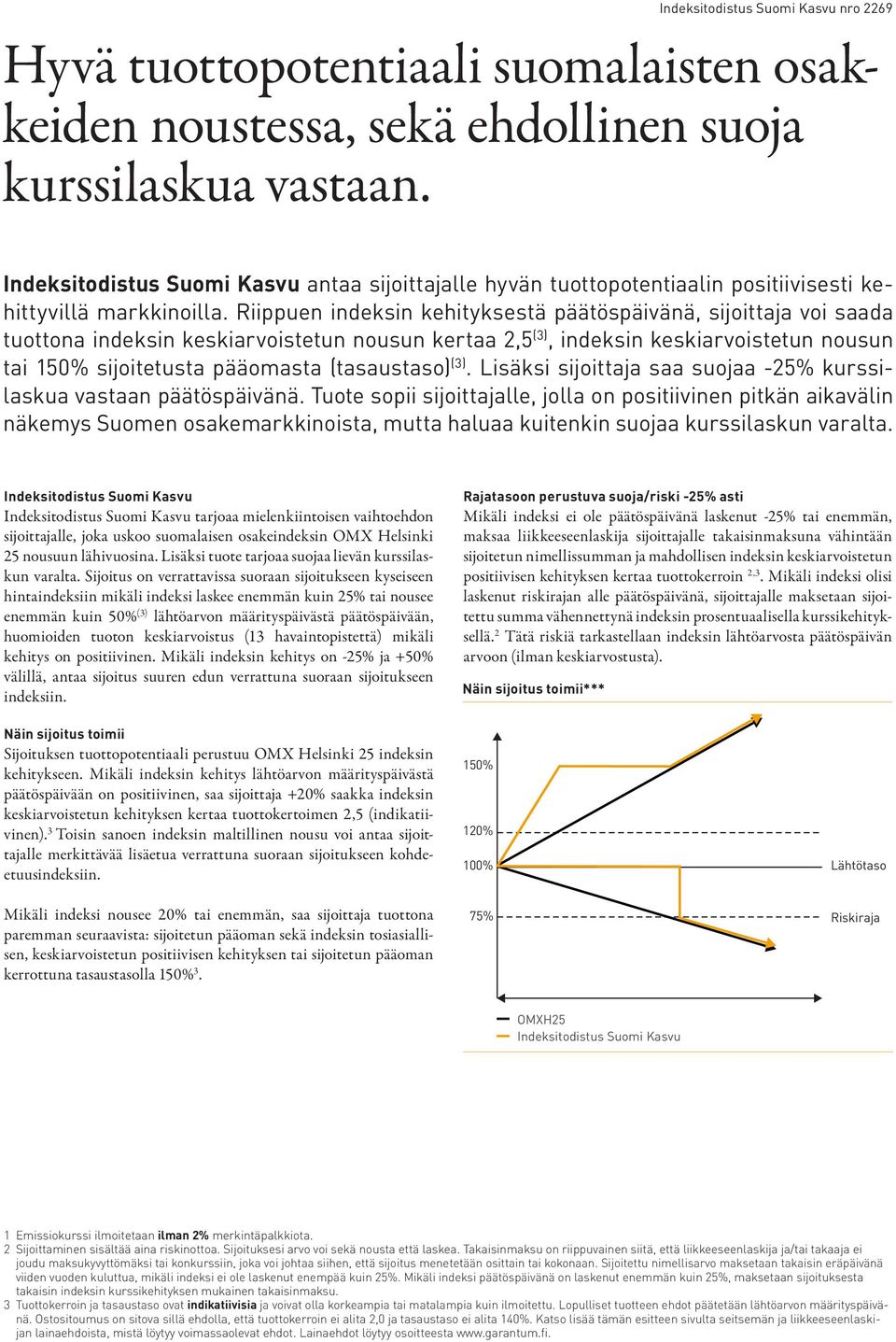 Riippuen indeksin kehityksestä päätöspäivänä, sijoittaja voi saada tuottona indeksin keskiarvoistetun nousun kertaa 2,5 (3), indeksin keskiarvoistetun nousun tai 150% sijoitetusta pääomasta