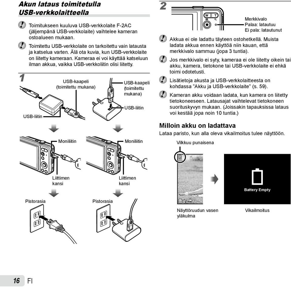 Kameraa ei voi käyttää katseluun ilman akkua, vaikka USB-verkkoliitin olisi liitetty.