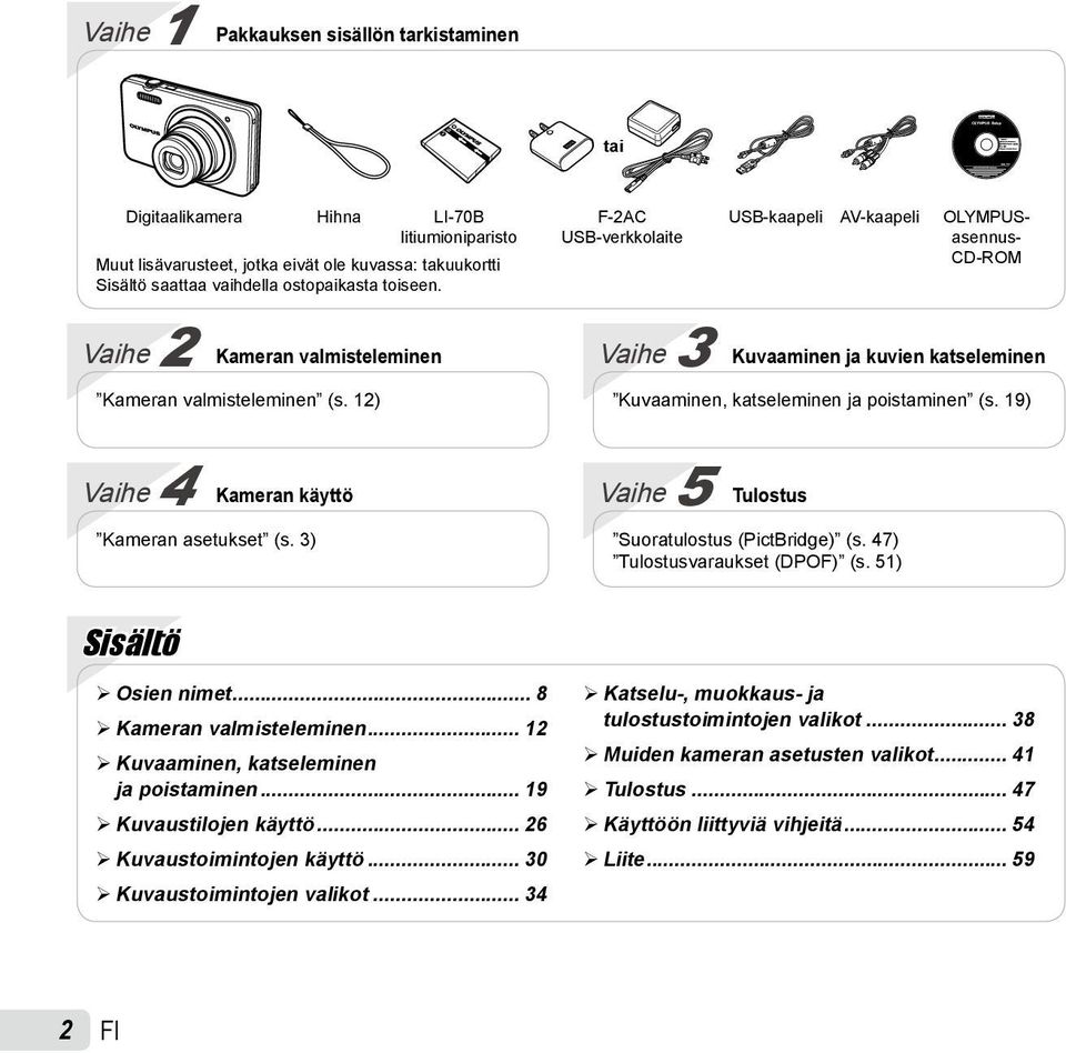 12) Vaihe 3 Kuvaaminen ja kuvien katseleminen Kuvaaminen, katseleminen ja poistaminen (s. 19) Vaihe 4 Kameran käyttö Kameran asetukset (s. 3) Vaihe 5 Tulostus Suoratulostus (PictBridge) (s.