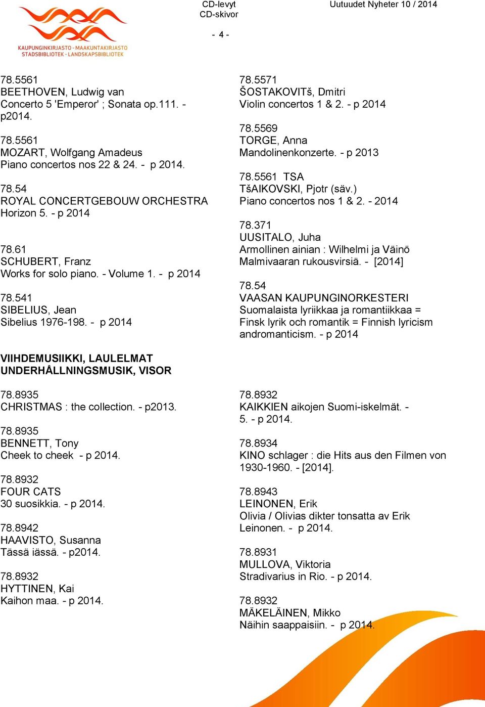- p 2013 78.5561 TSA TšAIKOVSKI, Pjotr (säv.) Piano concertos nos 1 & 2. - 2014 78.371 UUSITALO, Juha Armollinen ainian : Wilhelmi ja Väinö Malmivaaran rukousvirsiä. - [2014] 78.