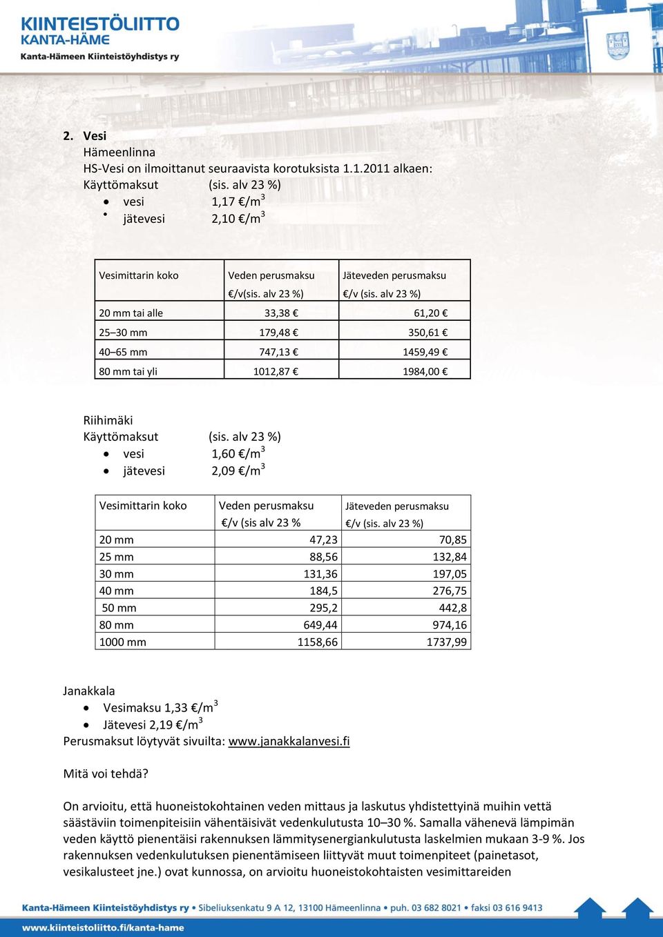 alv 23 %) 20 mm tai alle 33,38 61,20 25 30 mm 179,48 350,61 40 65 mm 747,13 1459,49 80 mm tai yli 1012,87 1984,00 Riihimäki Käyttömaksut (sis.