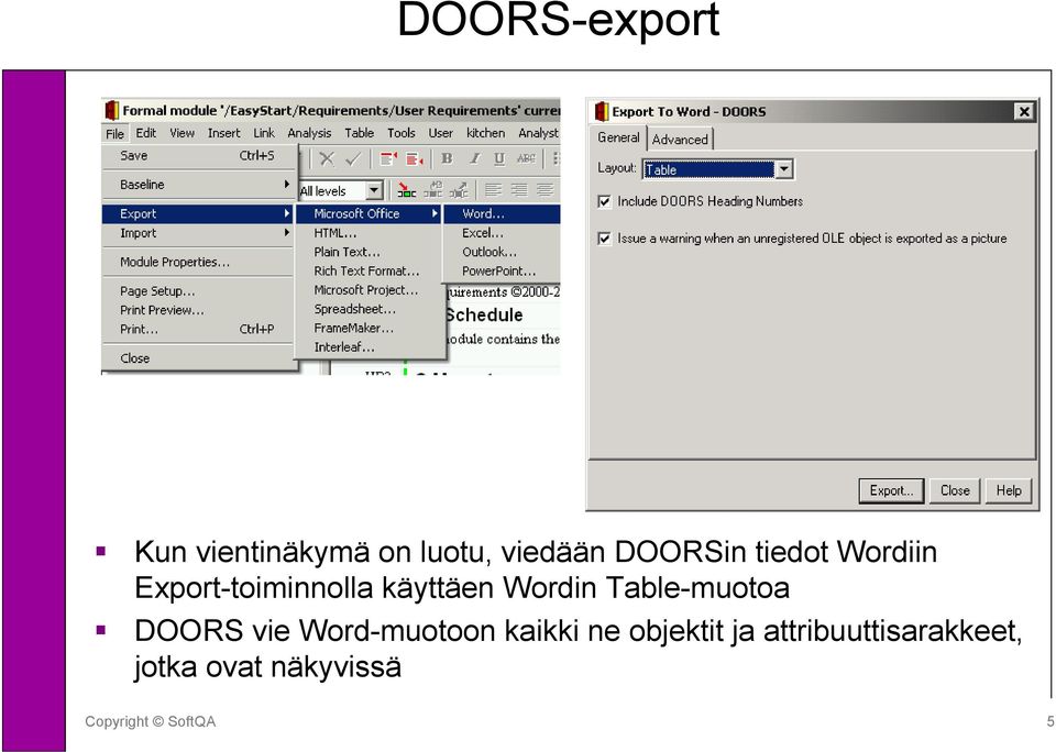 Wordin Table-muotoa DOORS vie Word-muotoon kaikki