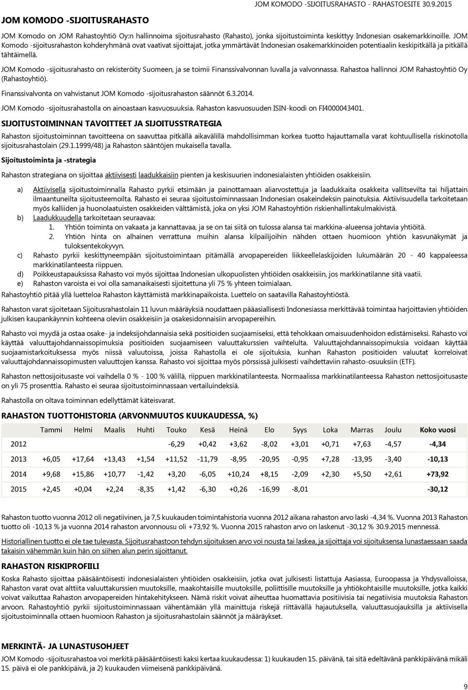 JOM Komodo -sijoitusrahaston kohderyhmänä ovat vaativat sijoittajat, jotka ymmärtävät Indonesian osakemarkkinoiden potentiaalin keskipitkällä ja pitkällä tähtäimellä.