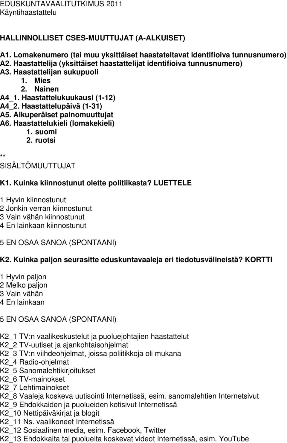 Alkuperäiset painomuuttujat A6. Haastattelukieli (lomakekieli) 1. suomi 2. ruotsi ** SISÄLTÖMUUTTUJAT K1. Kuinka kiinnostunut olette politiikasta?