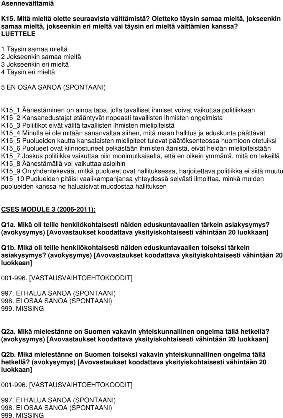 vaikuttaa politiikkaan K15_2 Kansanedustajat etääntyvät nopeasti tavallisten ihmisten ongelmista K15_3 Poliitikot eivät välitä tavallisten ihmisten mielipiteistä K15_4 Minulla ei ole mitään