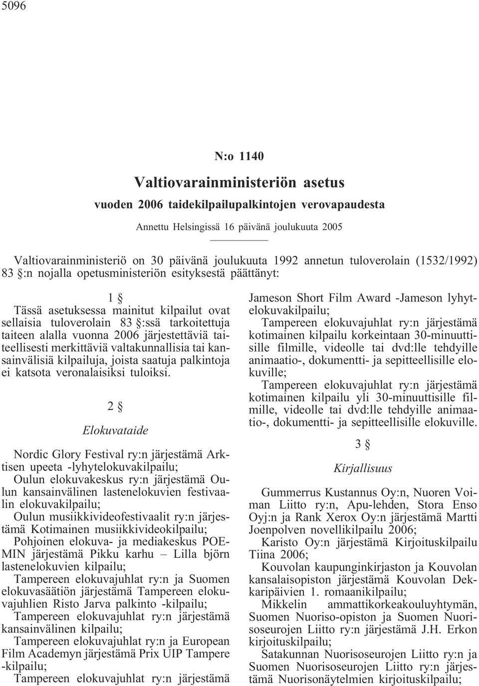 2006 järjestettäviä taiteellisesti merkittäviä valtakunnallisia tai kansainvälisiä kilpailuja, joista saatuja palkintoja ei katsota veronalaisiksi tuloiksi.