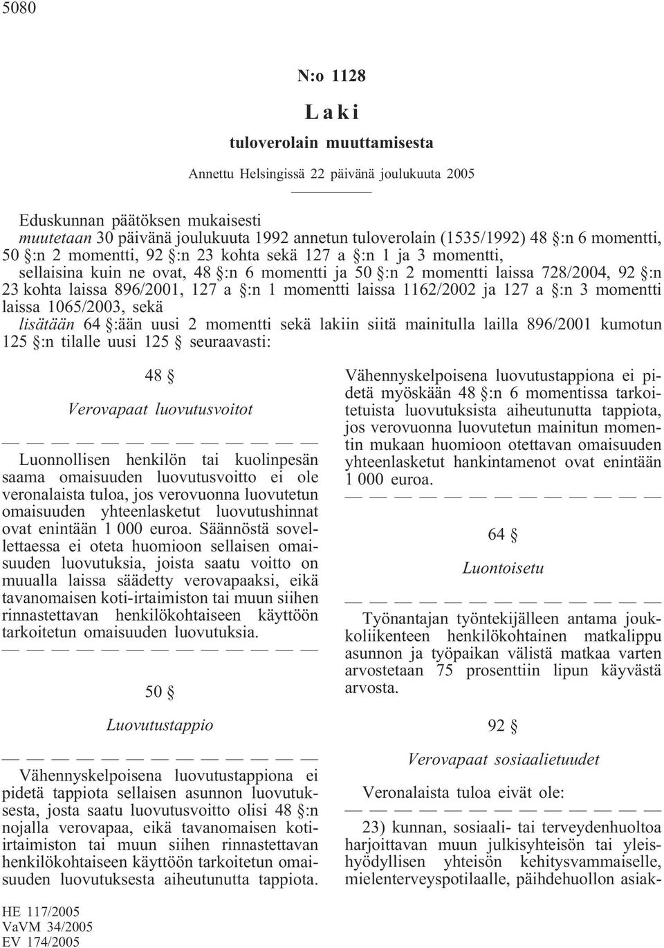 laissa 1065/2003, sekä lisätään 64 :ään uusi 2 momentti sekä lakiin siitä mainitulla lailla 896/2001 kumotun 125 :n tilalle uusi 125 seuraavasti: 48 Verovapaat luovutusvoitot Luonnollisen henkilön