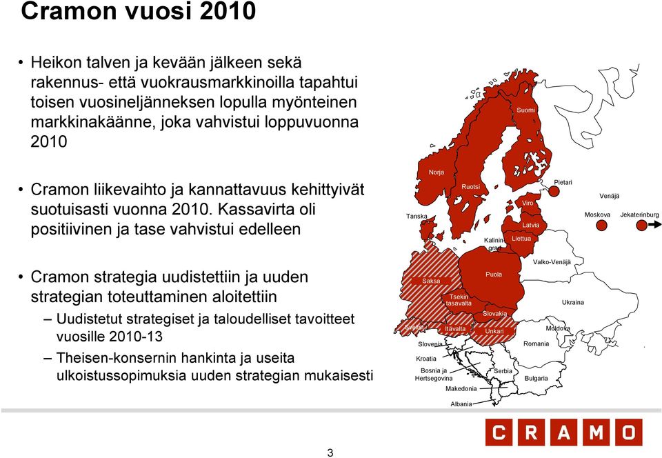 Kassavirta oli positiivinen ja tase vahvistui edelleen Tanska Ruotsi Kaliningrad Viro Latvia Liettua Pietari Venäjä Moskova Jekaterinburg Cramon strategia uudistettiin ja uuden strategian