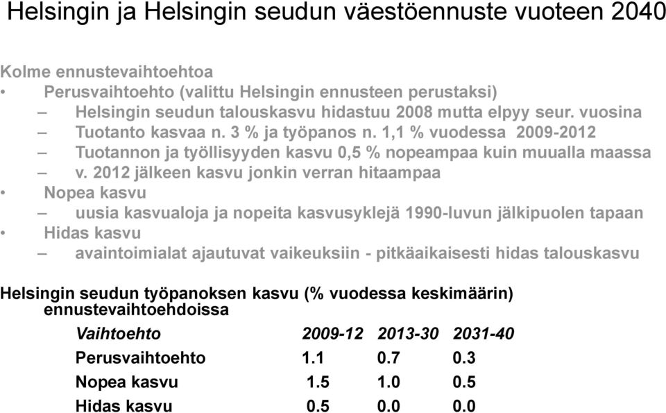 2012 jälkeen kasvu jonkin verran hitaampaa Nopea kasvu uusia kasvualoja ja nopeita kasvusyklejä 1990-luvun jälkipuolen tapaan Hidas kasvu avaintoimialat ajautuvat vaikeuksiin -