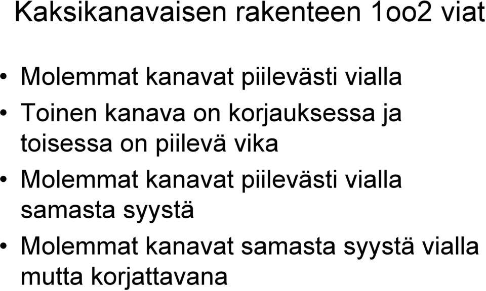 toisessa on piilevä vika Molemmat kanavat piilevästi