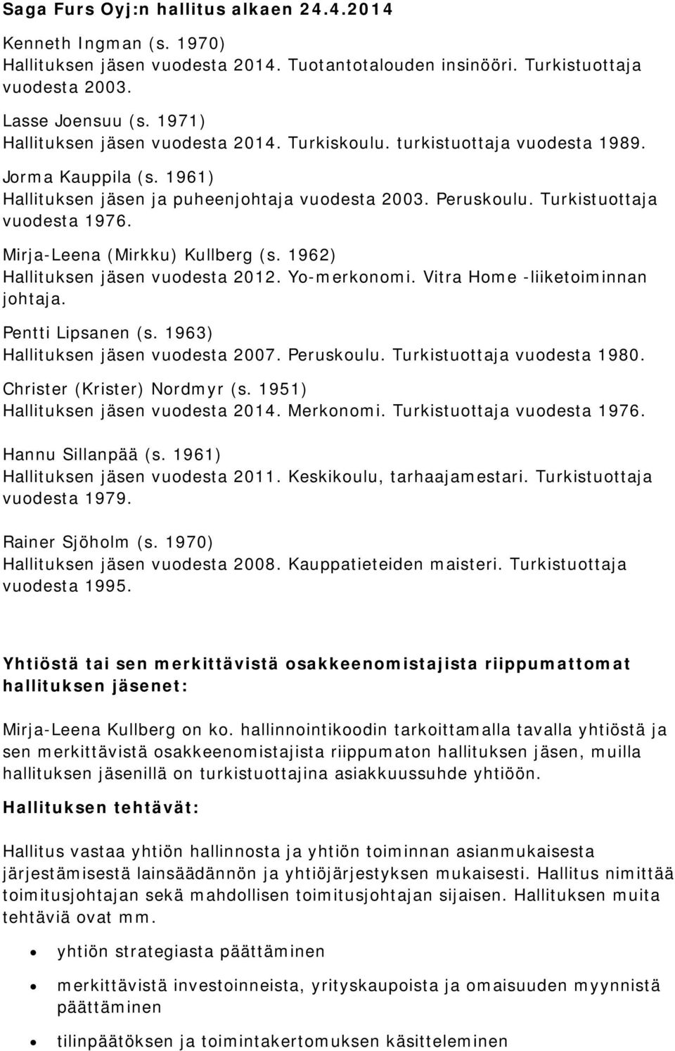 Mirja-Leena (Mirkku) Kullberg (s. 1962) Hallituksen jäsen vuodesta 2012. Yo-merkonomi. Vitra Home -liiketoiminnan johtaja. Pentti Lipsanen (s. 1963) Hallituksen jäsen vuodesta 2007. Peruskoulu.