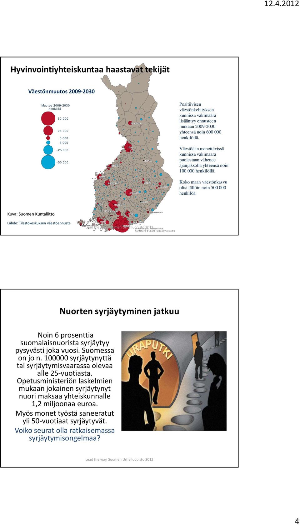 Tilastokeskus Karttakuva Jaana Halonen/Kuntaliitto Positiivisen väestönkehityksen kunnissa väkimäärä lisääntyy ennusteen mukaan 2009-2030 yhteensä noin 600 000 henkilöllä.