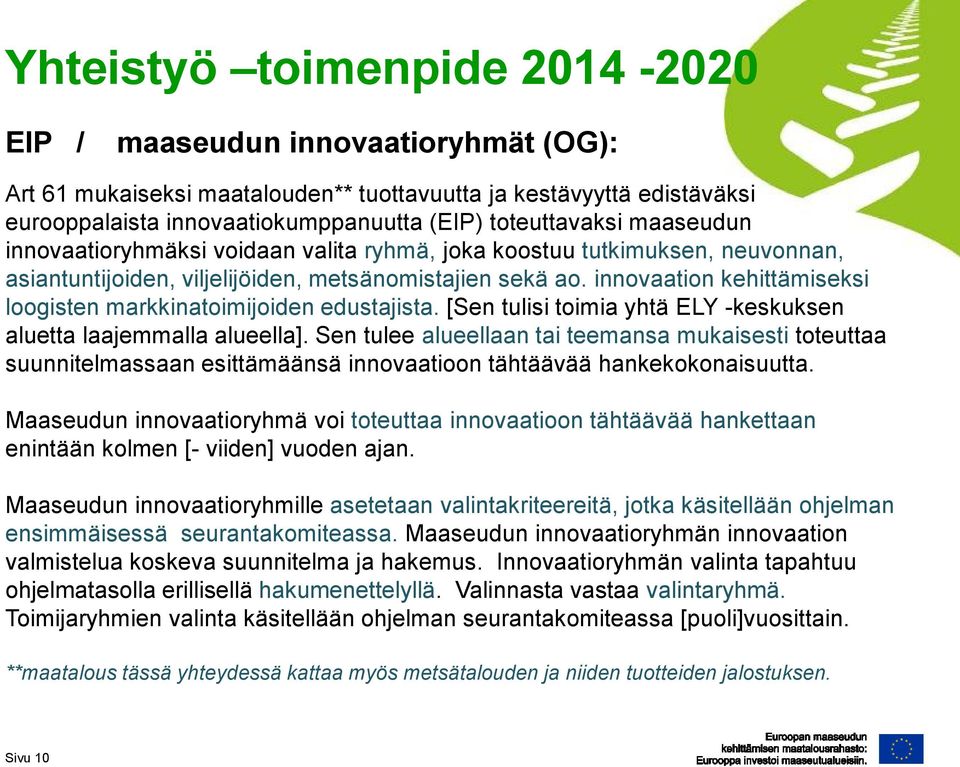 innovaation kehittämiseksi loogisten markkinatoimijoiden edustajista. [Sen tulisi toimia yhtä ELY -keskuksen aluetta laajemmalla alueella].