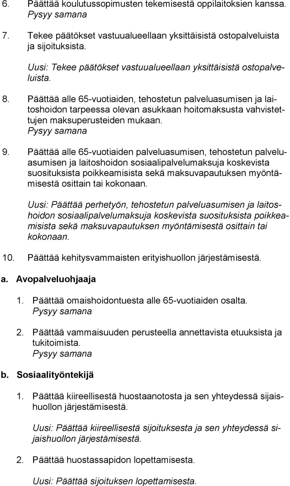 Päättää alle 65-vuotiaiden, tehostetun palveluasumisen ja laitos hoi don tarpeessa olevan asukkaan hoitomaksusta vah vis tettu jen maksuperusteiden mukaan. 9.