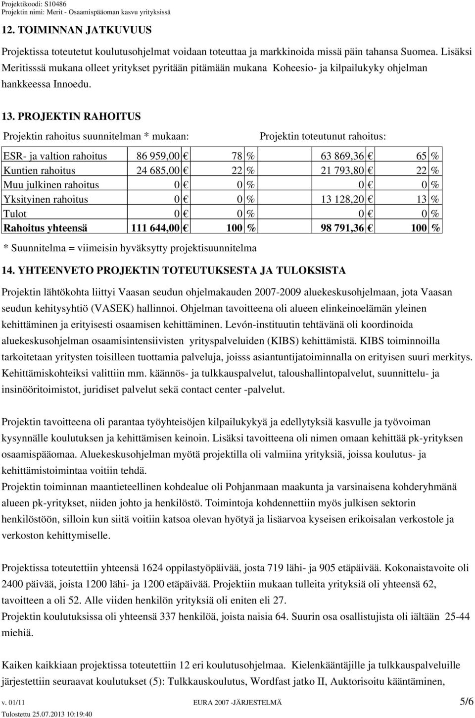 PROJEKTIN RAHOITUS Projektin rahoitus suunnitelman * mukaan: Projektin toteutunut rahoitus: ESR- ja valtion rahoitus 86 959,00 78 % 63 869,36 65 % Kuntien rahoitus 24 685,00 22 % 21 793,80 22 % Muu