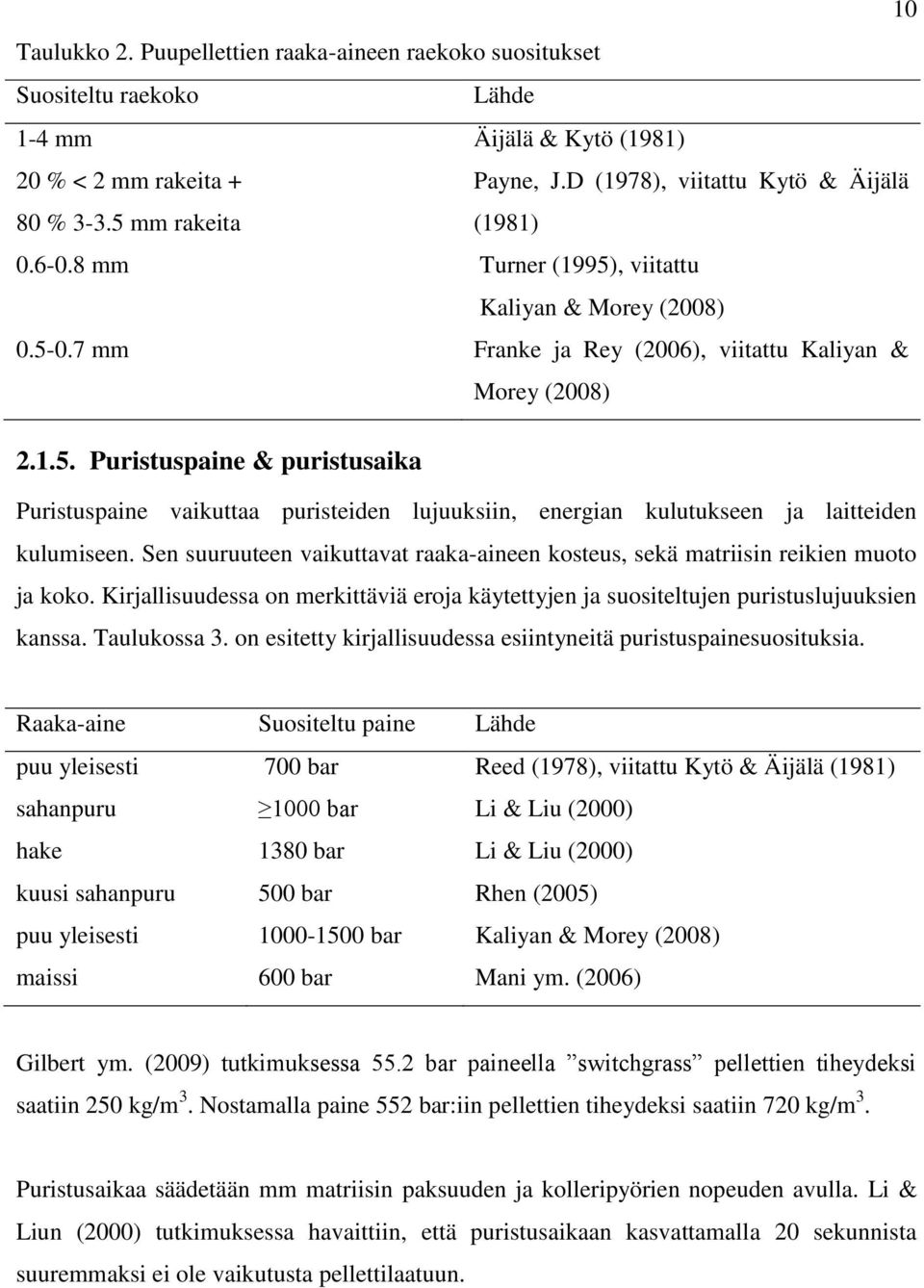 Sen suuruuteen vaikuttavat raaka-aineen kosteus, sekä matriisin reikien muoto ja koko. Kirjallisuudessa on merkittäviä eroja käytettyjen ja suositeltujen puristuslujuuksien kanssa. Taulukossa 3.