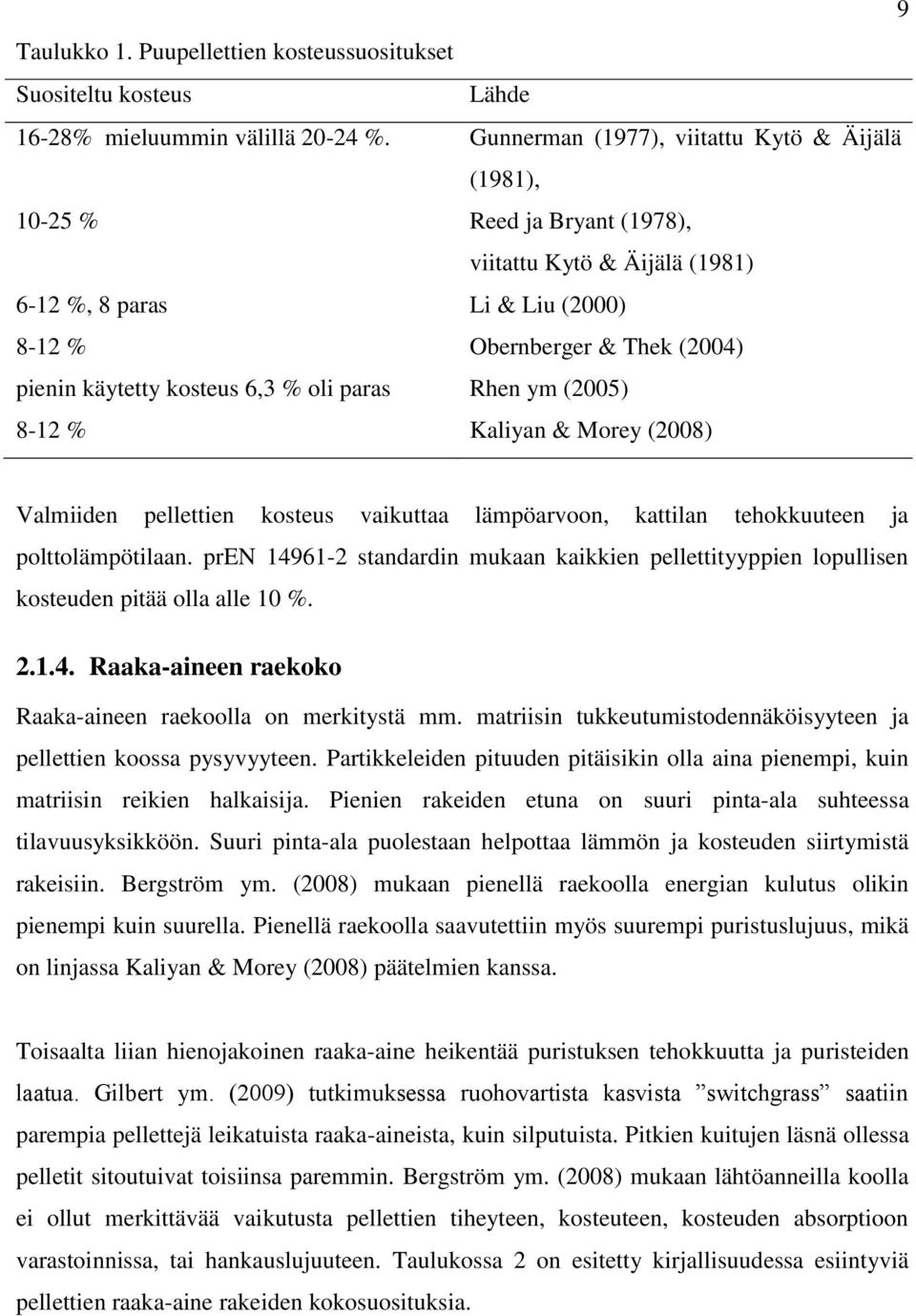 6,3 % oli paras Rhen ym (2005) 8-12 % Kaliyan & Morey (2008) Valmiiden pellettien kosteus vaikuttaa lämpöarvoon, kattilan tehokkuuteen ja polttolämpötilaan.