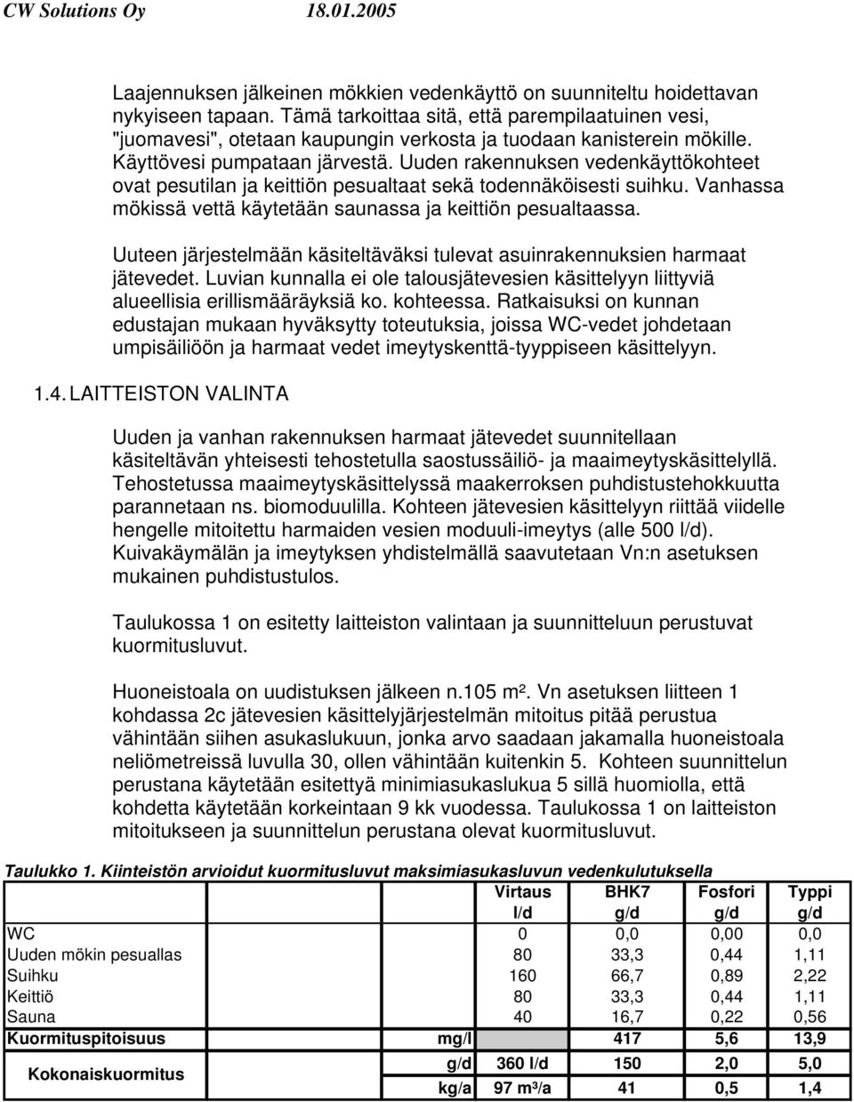 Uuden rakennuksen vedenkäyttökohteet ovat pesutilan ja keittiön pesualtaat sekä todennäköisesti suihku. Vanhassa mökissä vettä käytetään saunassa ja keittiön pesualtaassa.