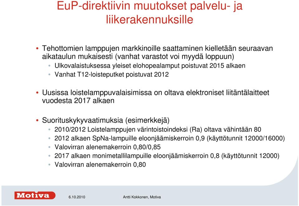 liitäntälaitteet vuodesta 2017 alkaen Suorituskykyvaatimuksia (esimerkkejä) 2010/2012 Loistelamppujen värintoistoindeksi (Ra) oltava vähintään 80 2012 alkaen SpNa-lampuille