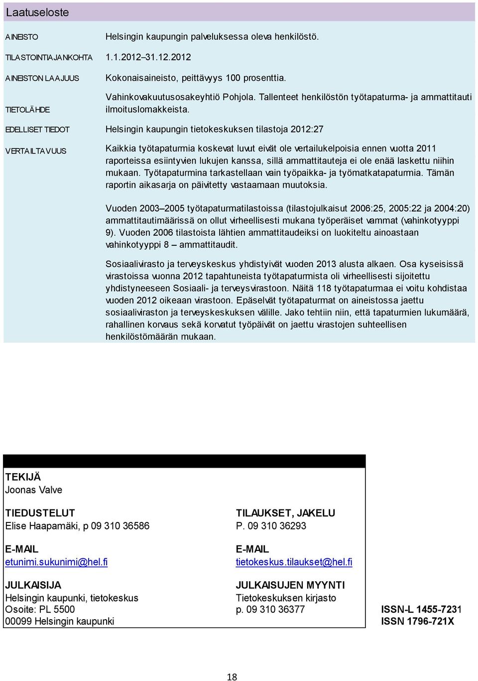 EDELLISET TIEDOT Helsingin kaupungin tietokeskuksen tilastoja 2012:27 VERTAILTAVUUS Kaikkia työtapaturmia koskevat luvut eivät ole vertailukelpoisia ennen vuotta 2011 raporteissa esiintyvien lukujen