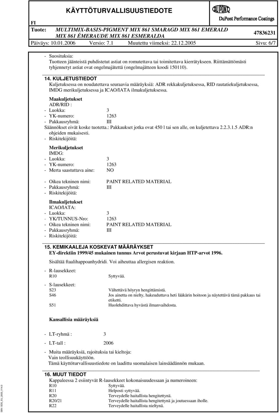 KULJETUSTIEDOT Kuljetuksessa on noudatettava seuraava mryks: ADR rekkakuljetuksessa, RID rautatekuljetuksessa, IMDG merkuljetuksessa ja ICAO/IATA lmakuljetuksessa.