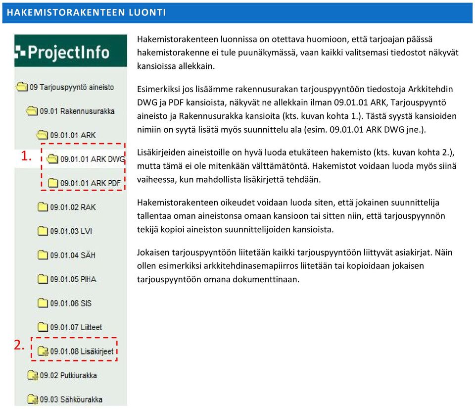 001 ARK, Tarjouspyyntö aineisto ja Rakennusurakka kansioita (kts. kuvan kohta ). Tästä syystä kansioiden nimiin on syytä lisätä myös suunnittelu ala (esim. 09.001 ARK DWG jne.). Lisäkirjeiden aineistoille on hyvä luoda etukäteen hakemisto (kts.