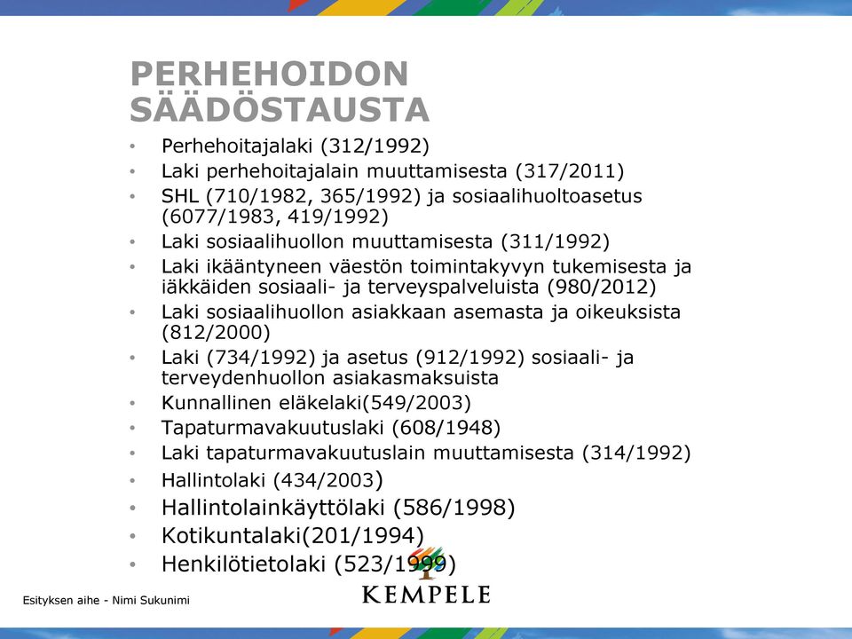 asiakkaan asemasta ja oikeuksista (812/2000) Laki (734/1992) ja asetus (912/1992) sosiaali- ja terveydenhuollon asiakasmaksuista Kunnallinen eläkelaki(549/2003)